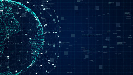 Poster - Technology Network Data Connection, Digital Data Network and Cyber Security Concept. Earth element furnished by Nasa.