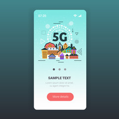 Poster - smart town buildings 5G online communication network wireless systems connection concept winter cityscape background smartphone screen copy space vector illustration