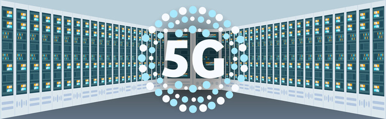 Poster - data center hosting server protection 5G online network wireless database technology systems connection concept horizontal vector illustration