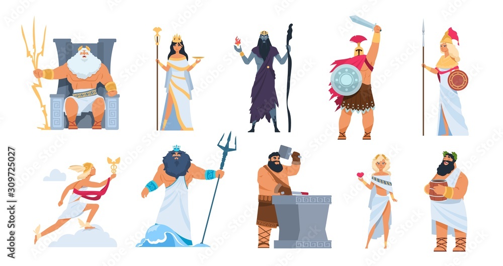 Poster Greek Gods Cartoon Ancient Mythology Characters, Vector Zeus