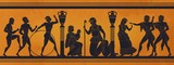 Ancient Greece mythology. Antic history black silhouettes of people and gods on pottery. Vector archeology pattern mythological culture on ceramics illustration