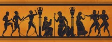 Ancient Greece Mythology. Antic History Black Silhouettes Of People And Gods On Pottery. Vector Archeology Pattern Mythological Culture On Ceramics Illustration