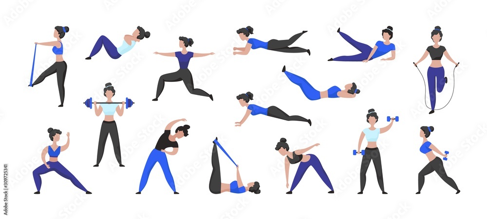 Fitness workout. Cartoon woman character doing sport exercises and training in gym, isolated female character. Vector set isolated illustration active women in fitness lifestyle - obrazy, fototapety, plakaty 