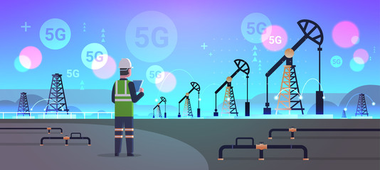 engineer refinery worker using tablet 5G online wireless system connection oil pump rig energy industrial zone oil drilling fossil fuels production concept horizontal full length vector illustration