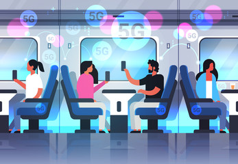 Poster - passengers using smartphones social network 5G online communication fifth innovative generation of internet connection modern train interior horizontal full length vector illustration