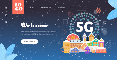Poster - smart town buildings 5G online communication network wireless systems connection concept winter cityscape background horizontal copy space vector illustration