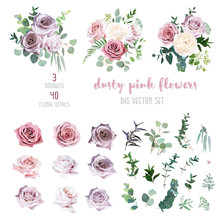 Dusty Pink And Mauve Antique Rose, Lavender And Pale Flowers, Eucalyptus