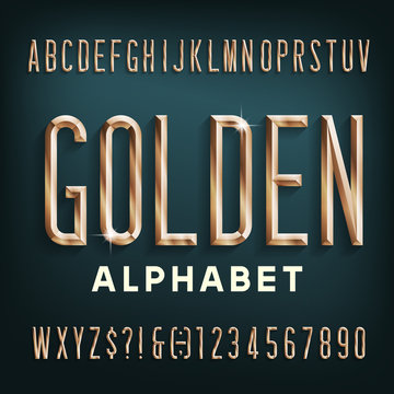 Golden alphabet font. Beveled condensed  letters, numbers and symbols with shadow. Stock vector typescript for your design.