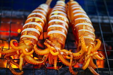 Exotic Asian Food, Grilled Squid Stuffed With Seafood