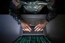 American Soldier In Military Uniform Preventing Cyber Attack In Military Intelligence Center. An US Officer Intercepting Messages To Stop Terrorism. Modern Warfare System Surveillance Concept.
