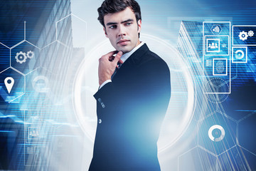 Poster - Thoughtful businessman in city, cloud computer