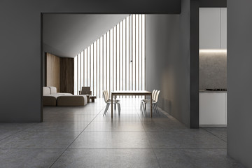 Attic gray kitchen and dining room corner