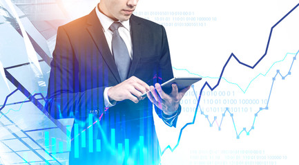 Poster - Trader using laptop in city, digital graph