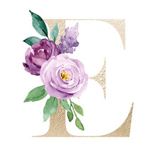 Floral Alphabet, Gold Letter E With Watercolor Violet Flowers And Leaf. Botanical Monogram Initials Perfectly For Wedding Invitations, Greeting Card And Other. Holiday Design Hand Painting. 