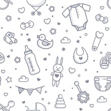Baby Related Seamless Pattern In White And Gray Colors. Vector Cartoon Illustration