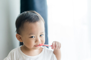 kid brushing teeth.2 years old little asian toddler boy brush teeth.dentistry and oral care concept.