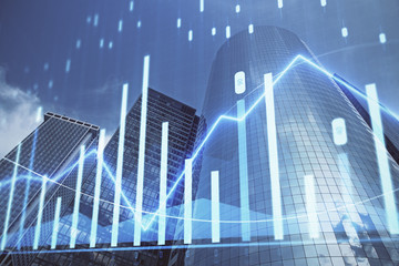 Poster - Forex chart on cityscape with skyscrapers wallpaper multi exposure. Financial research concept.