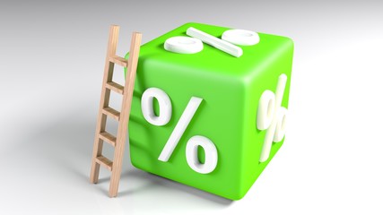 Poster - Green cube with percent sign, on white surface and a ladder to climb it - 3D rendering illustration