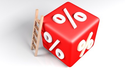 Poster - Red cube with percent sign, on white surface and a ladder to climb it - 3D rendering illustration