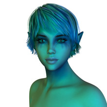 Elf Portrait With Long Ears And Blue And Green Painted Face. Isolated On White. 3D Rendering.