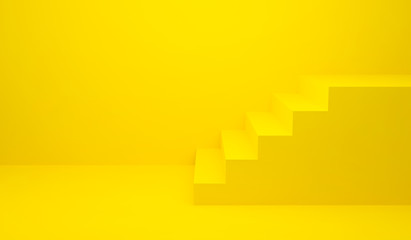 Fototapete - Yellow stairs up and wall background for banner and product presentation. 3D Rendering design. Side view of stairway geometrical abstract. Staircase interior in modern. Minimal scene idea concept.
