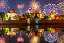 New Year Celebrate Fireworks Over Malbork Castle. Poland, Europe