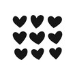 Monochrome heart silhouette in various shapes isolated on white. Simple flat hearty design with rough, uneven edge. Love collection for Valentines day.
