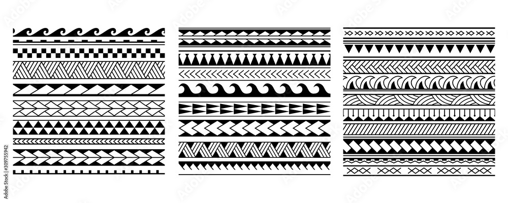 Set of vector ethnic seamless pattern in maori tattoo style. Geometric border with decorative ethnic elements. Horizontal pattern. Design for home decor, wrapping paper, fabric, carpet, textile, cover - obrazy, fototapety, plakaty 
