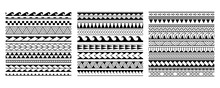 Set Of Vector Ethnic Seamless Pattern In Maori Tattoo Style. Geometric Border With Decorative Ethnic Elements. Horizontal Pattern. Design For Home Decor, Wrapping Paper, Fabric, Carpet, Textile, Cover