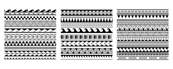 Set of vector ethnic seamless pattern in maori tattoo style. Geometric border with decorative ethnic elements. Horizontal pattern. Design for home decor, wrapping paper, fabric, carpet, textile, cover