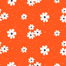 White Daisy On Red Background Seamless Pattern Texture.