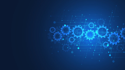 Fototapete - Cogs and gear wheel mechanisms. Hi-tech digital technology and engineering. Abstract technical background.