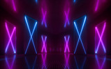 Fototapeta Do przedpokoju - 3d render, abstract neon background, blue pink purple glowing lines, X letter, cross symbol, vertical panels, performance stage decoration, virtual technology concept