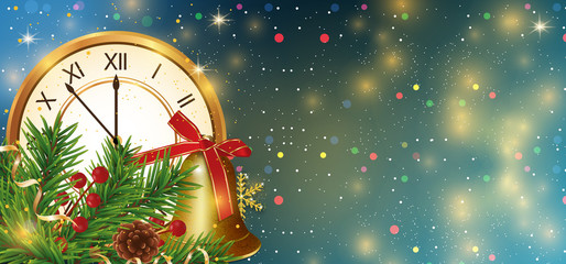 Wall Mural - New Year blue shining background with golden clock, branches Christmas tree and cone, bell with ribbon and holly berries. Vector