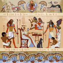 Murals Ancient Egypt Scene. Gods And Pharaohs. Hieroglyphic Carvings On The Exterior Walls