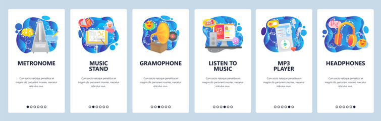 Mobile app onboarding screens. Listen music, streaming, headphones, player, metronome, gramophone. Menu vector banner template for website and mobile development. Web site design flat illustration