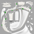 Whole milk, yogurt and cream big splash set, pouring and splashing 3d vector realistic illustration, diary beverage product design elements, packaging, milk carton, bottle
