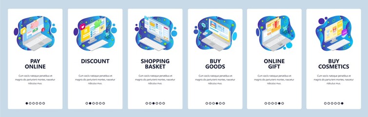 Mobile app onboarding screens. Online shopping isometric icons, buy and pay online, discount, gifts, store basket. Vector banner for website and mobile development. Web site design illustration