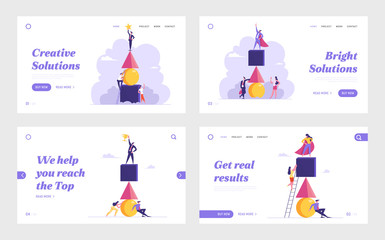 Poster - Business Competition, Teamwork, Challenge Website Landing Page Set. Colleague Climb Up by Ladder Trying to Reach Leader on Top of Pyramid. Team Work Web Page Banner. Cartoon Flat Vector Illustration