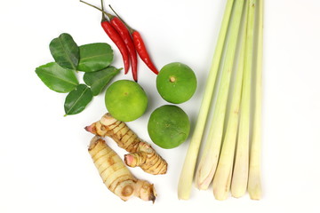 Ingredients Asian soup hot (Tom Yam) lemongrass galangal leaves kaffir limes chili peppers on a white background