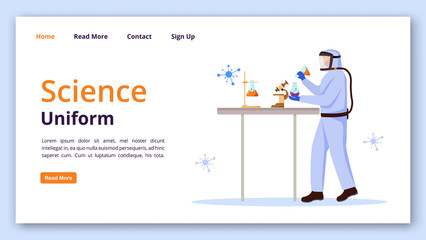 Wall Mural - Science uniform landing page vector template. Protection suit for laboratory website interface idea with flat illustrations. Chemist equipment homepage layout, web banner, webpage cartoon concept