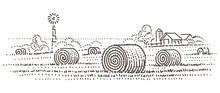 Hay Bales In Field In Countryside Vector Sketch. Isolated. 