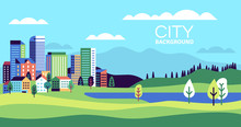Simple Landscape With Buildings. Urban Skyline Residential Houses, Green Trees And Hill, Summer Cityscape Banner, Websites Vector Background