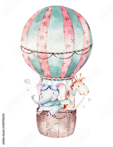 Fotomural Watercolor balloon set baby cartoon cute pilot aviation illustration