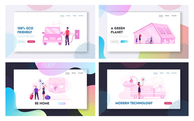 Poster - futuristic technologies for home. website landing page set. man charging electric car. house with so