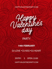 Wall Mural - valentines day party background with lettering and red roses. holiday card illustration on red backg