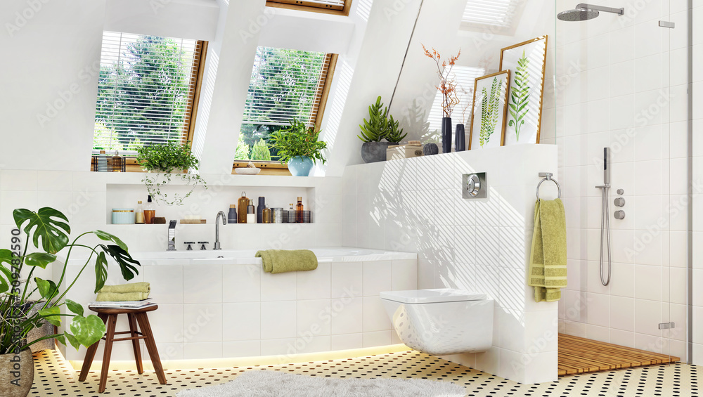 Luxury bathroom with bathtub and shower - obrazy, fototapety, plakaty 