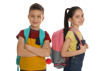 Poster - Little school children with backpacks on white background