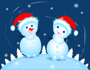 Winter card. Snowman in a Christmas hat. Snowflakes, dark. White Christmas trees. .Illustration