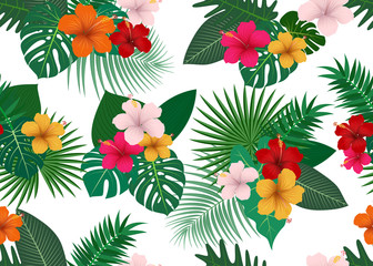 Wall Mural - Seamless pattern of tropical floral with leaves on white background  - Vector illustration